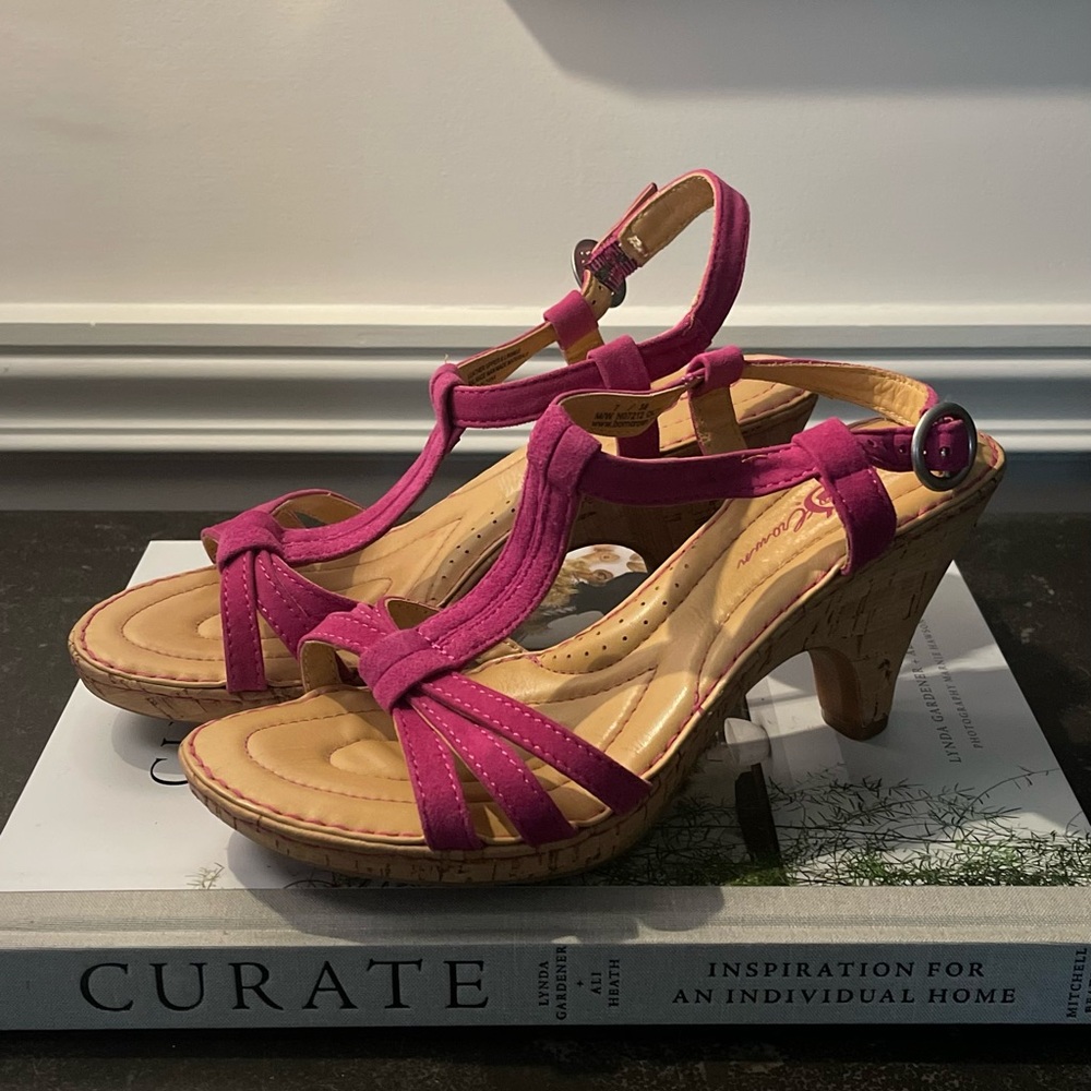 Born Crown Fuchsia Pink Suede Cork Heel Sandals | Size 7